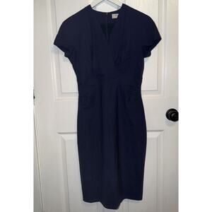 MM Lafleur Wool Emma Dress Galaxy Blue Short Sleeve V Neck Sheath Size 6